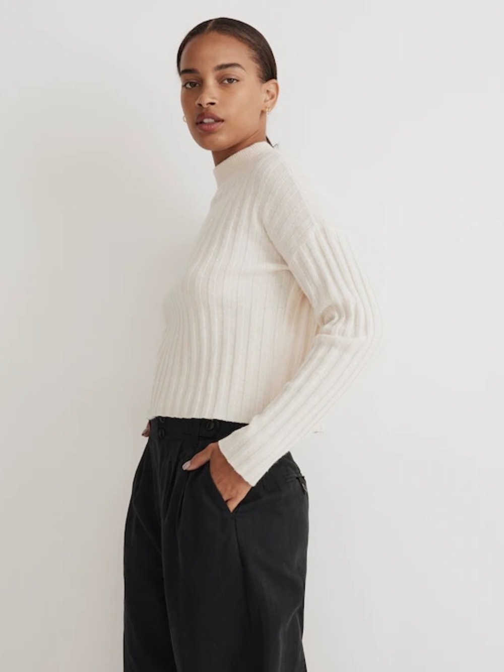 Cream Ribbed Mock Neck Women's Sweater